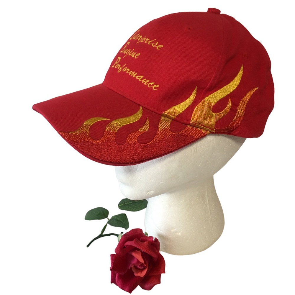 Flames trucker hat baseball cap red Enterprise Engine Performance EMB NWOT